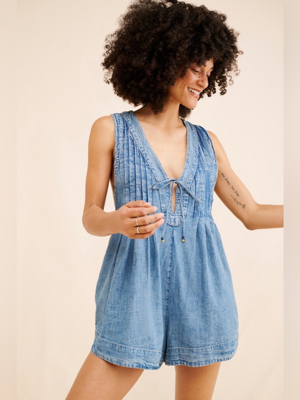 Free People Webster Denim Romper Size XS Blue Pleated V Neck